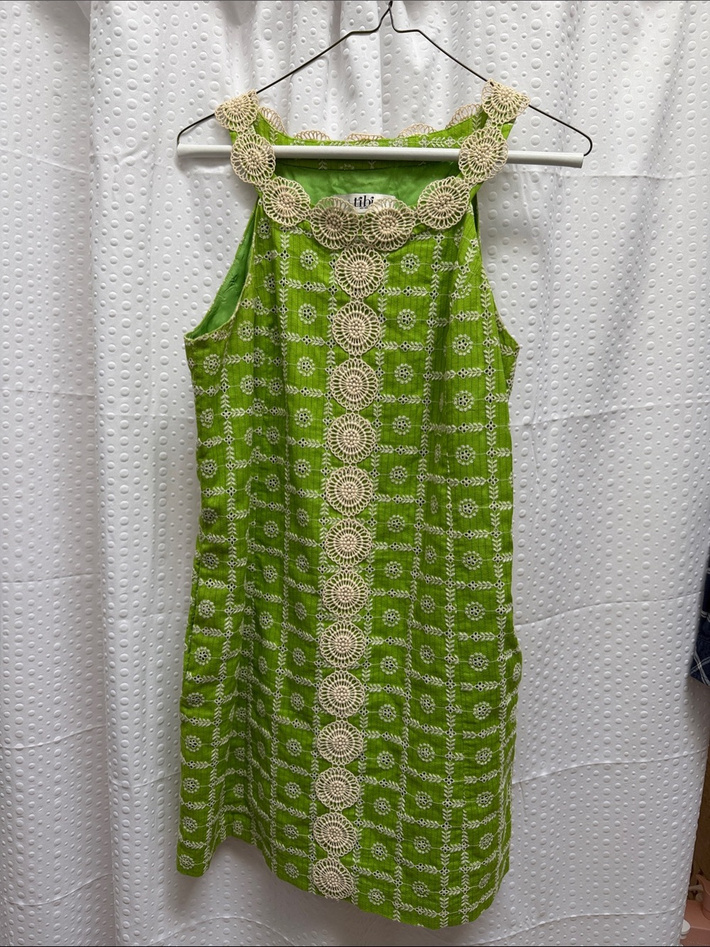 Tibi Lime Green Crochet-Trim Shift Dress
